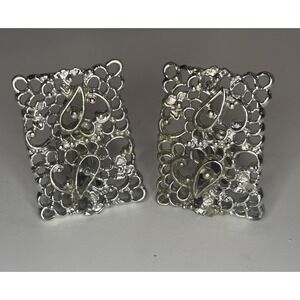Vintage Emmons Signed Large Lacey Filigree Silvertone Rectangle Clip On Earrings